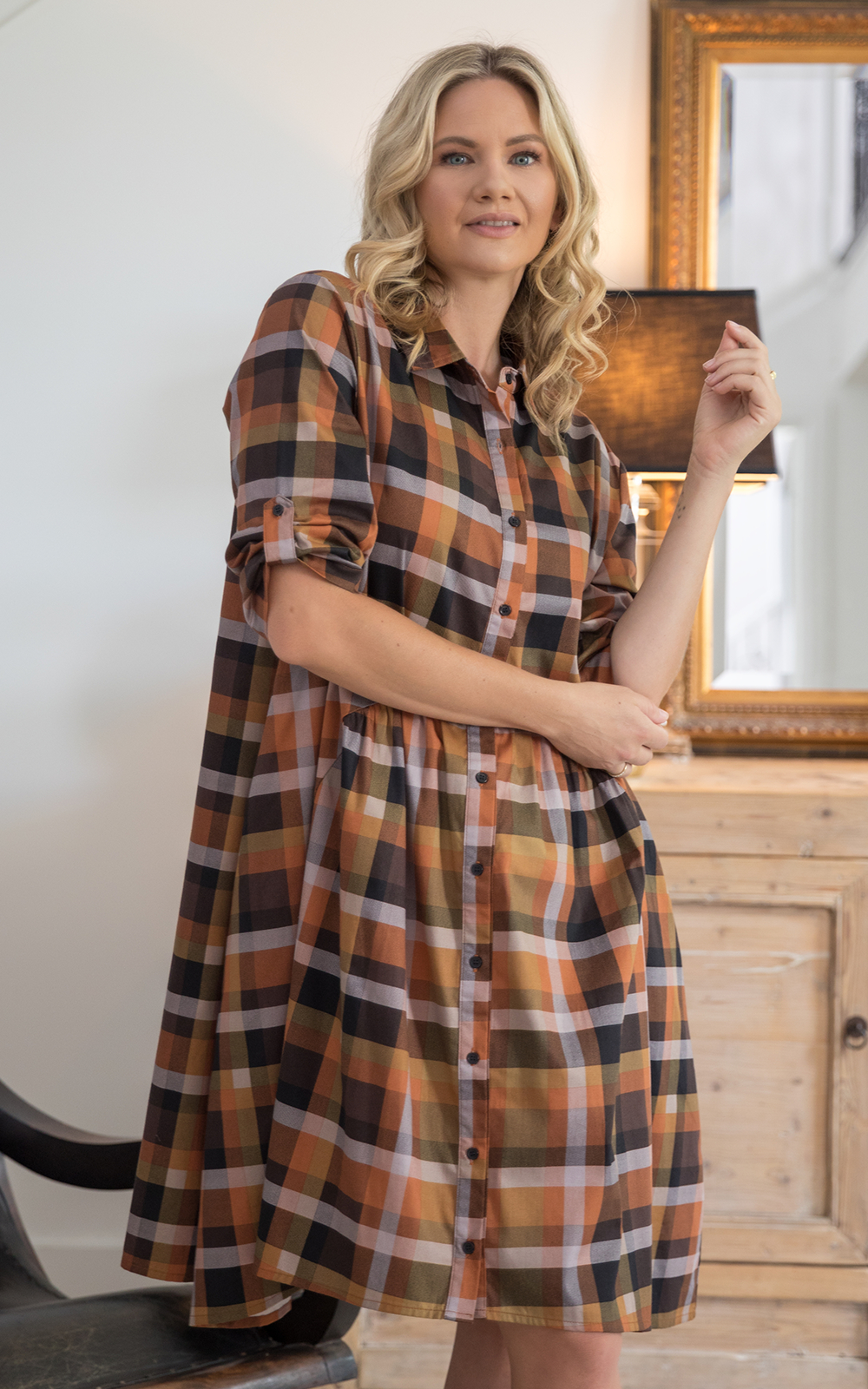 Fall Check Soho Shirt Dress product photo.