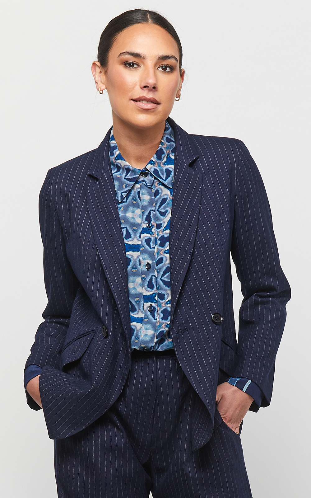 Pinstripe Boyfriend Jacket product photo.