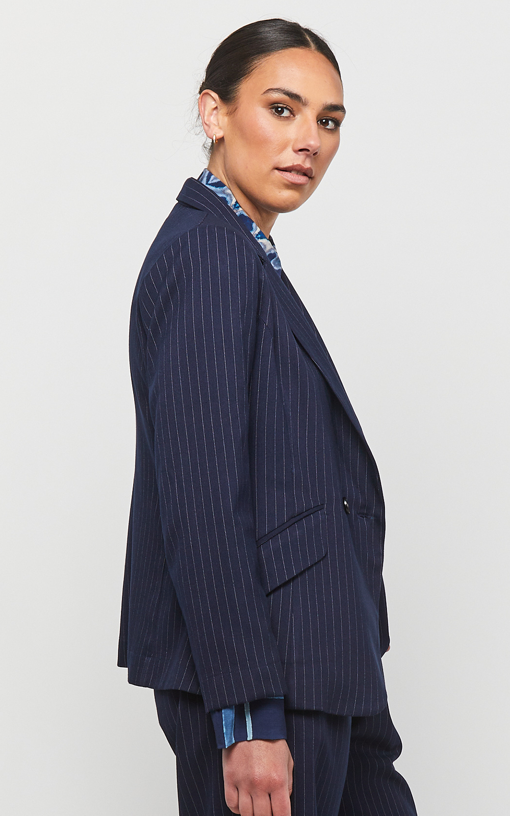 Pinstripe Boyfriend Jacket product photo.