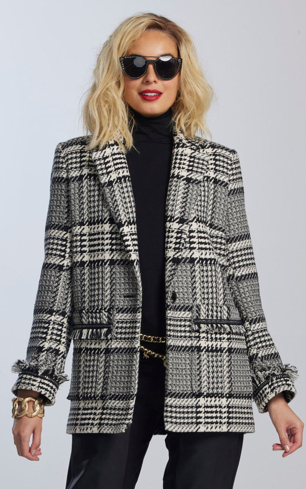 Fringed Check Boyfriend Blazer  product photo.