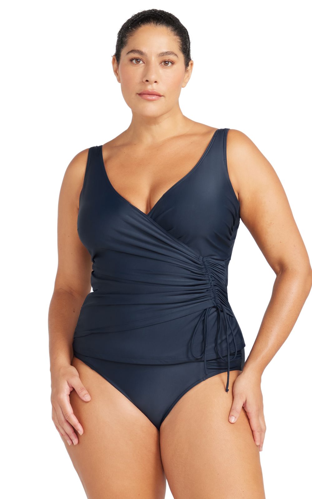 Rembrandt Cross Over Side Drawstring  Soft D-G Cup Tankini Top product photo.