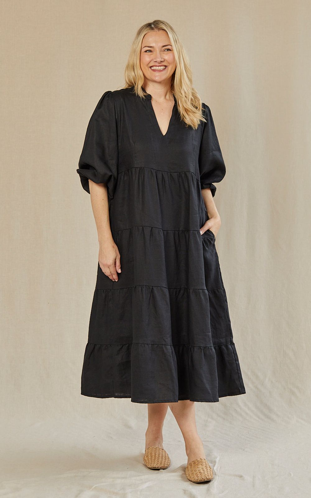 Sabre V Neck Linen Dress  product photo.