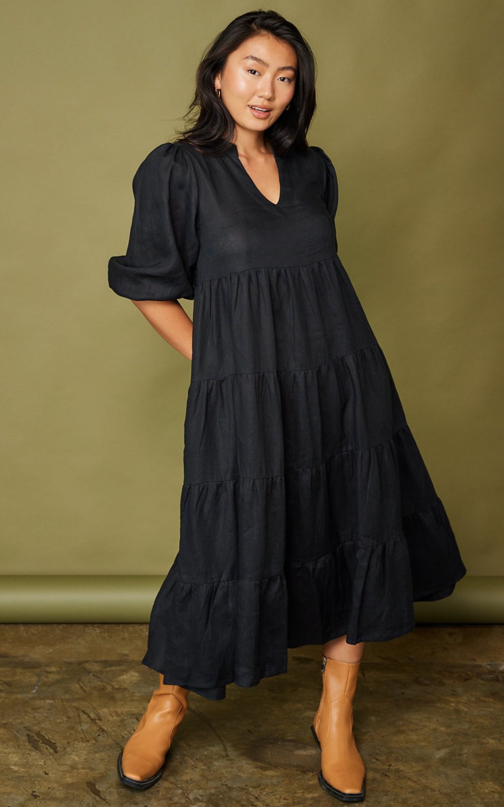 Sabre V Neck Linen Dress  product photo.