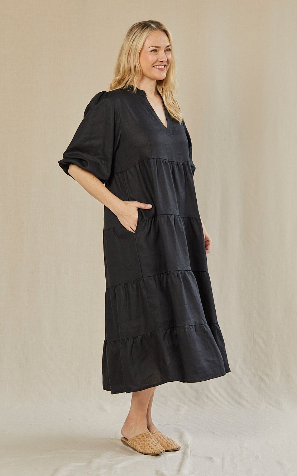 Sabre V Neck Linen Dress  product photo.