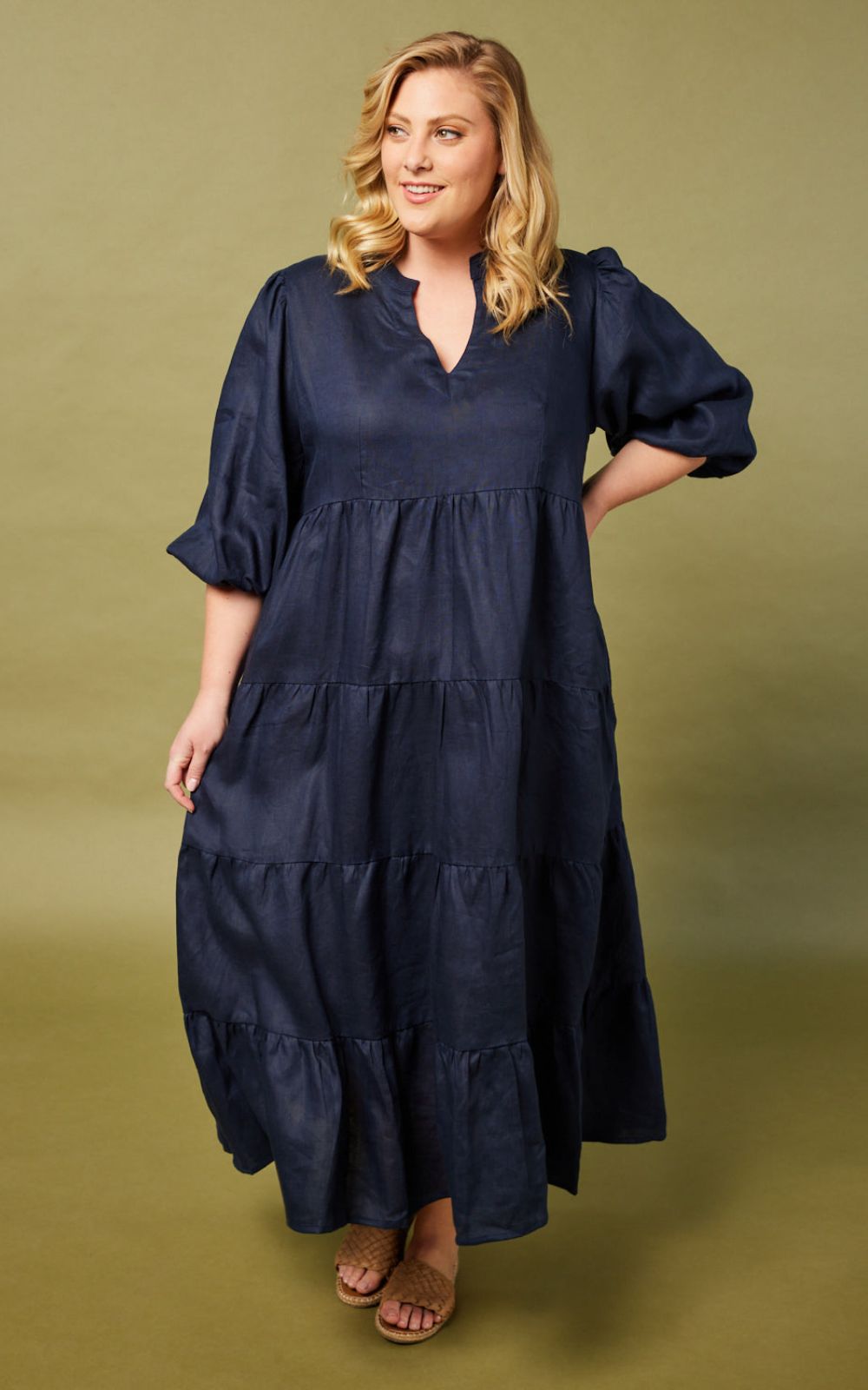 Sabre V Neck Linen Dress  product photo.