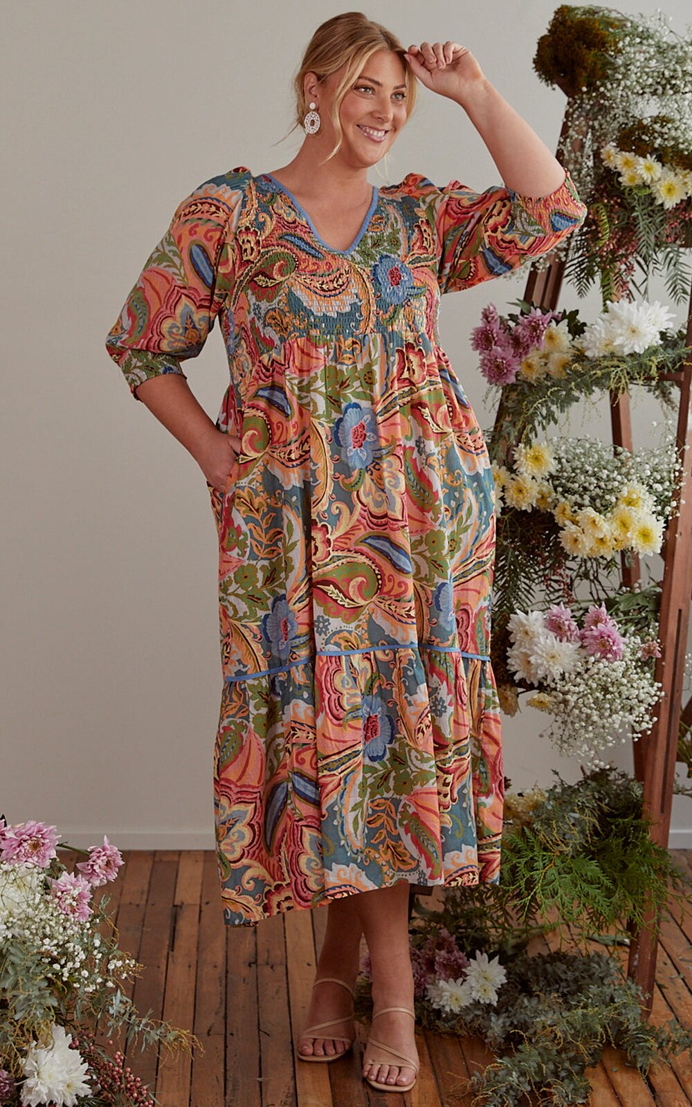 Nicci Shirred Dress In Kensington product photo.