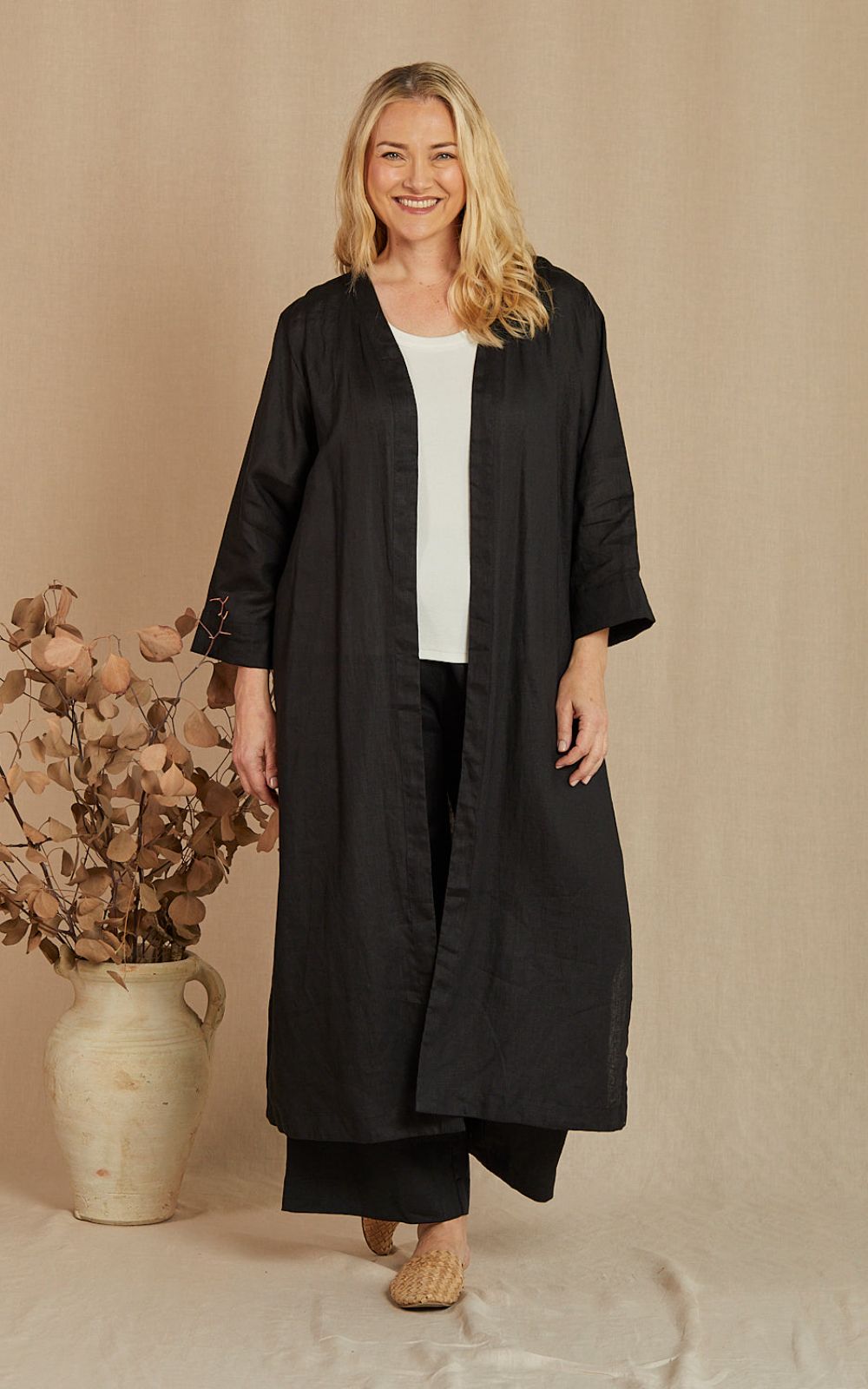 Long Line Linen Duster Jacket product photo.