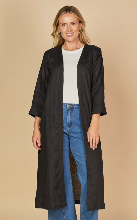 Long Line Linen Duster Jacket product photo.