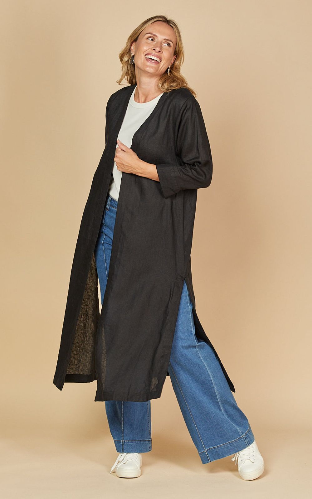 Long Line Linen Duster Jacket product photo.