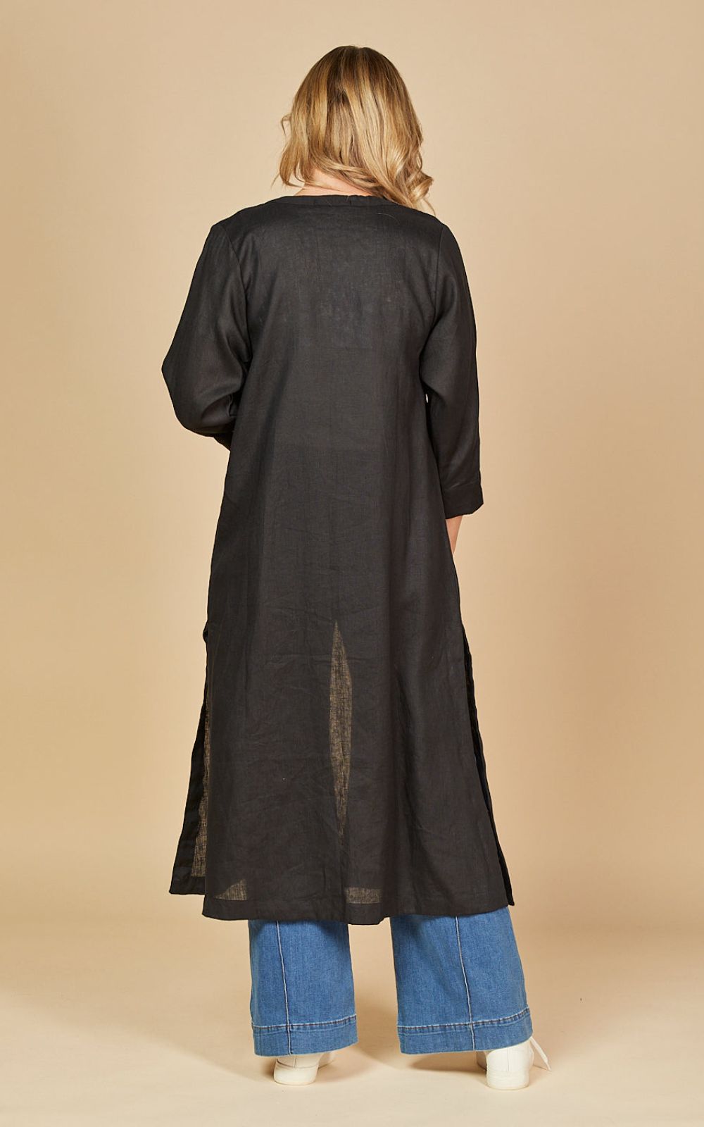 Long Line Linen Duster Jacket product photo.