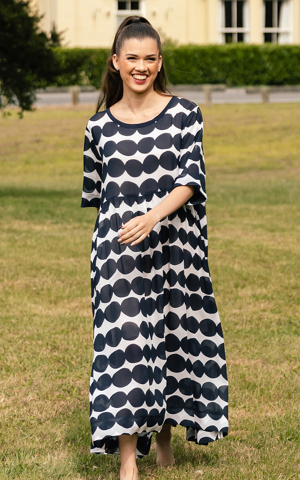 Back Ruffle Dress Navy Spot product photo.