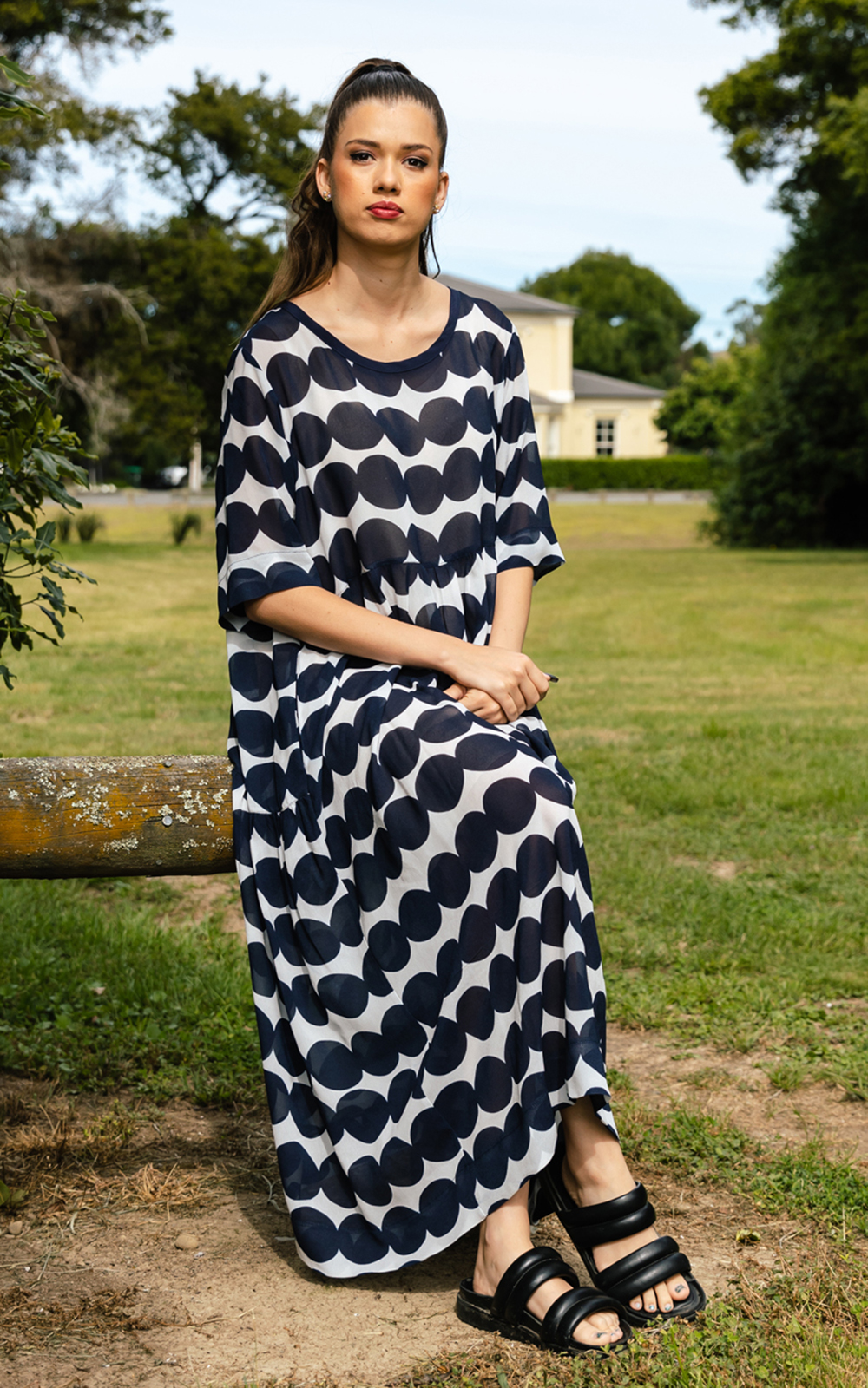 Back Ruffle Dress Navy Spot product photo.