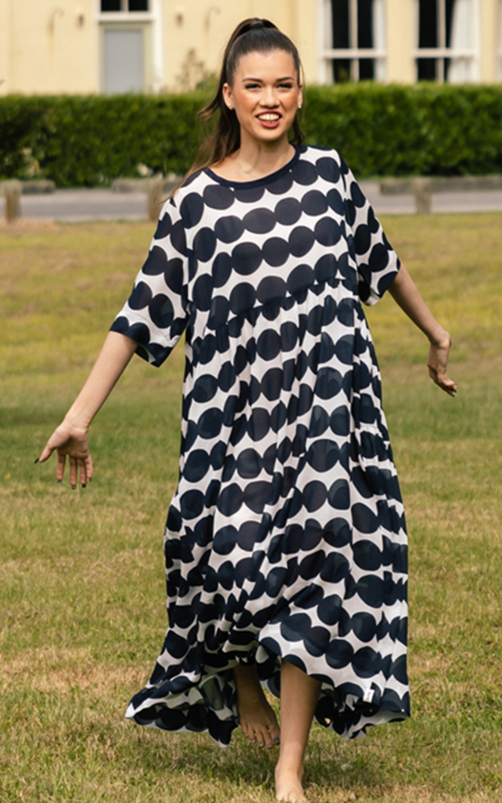 Back Ruffle Dress Navy Spot product photo.