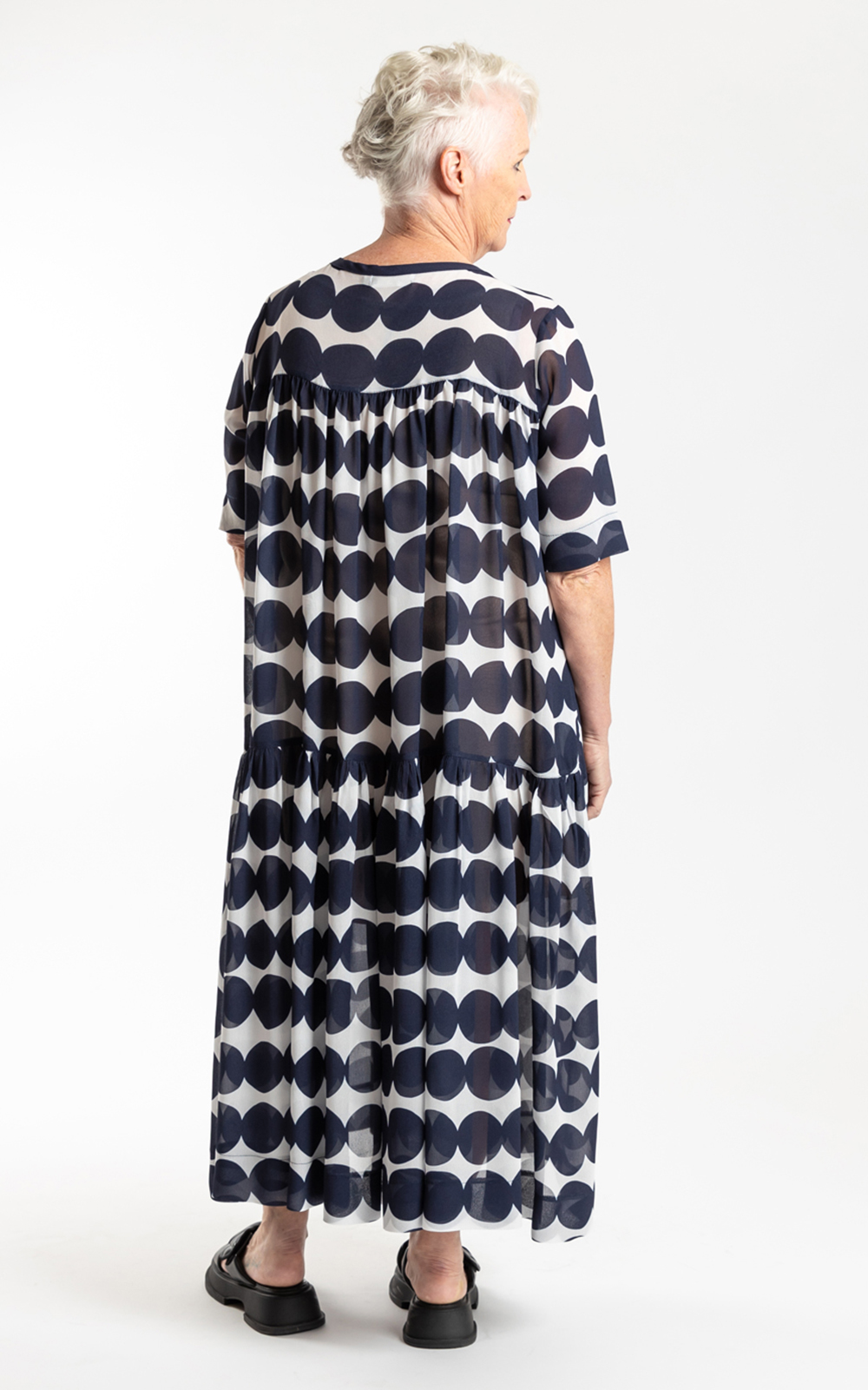 Back Ruffle Dress Navy Spot product photo.