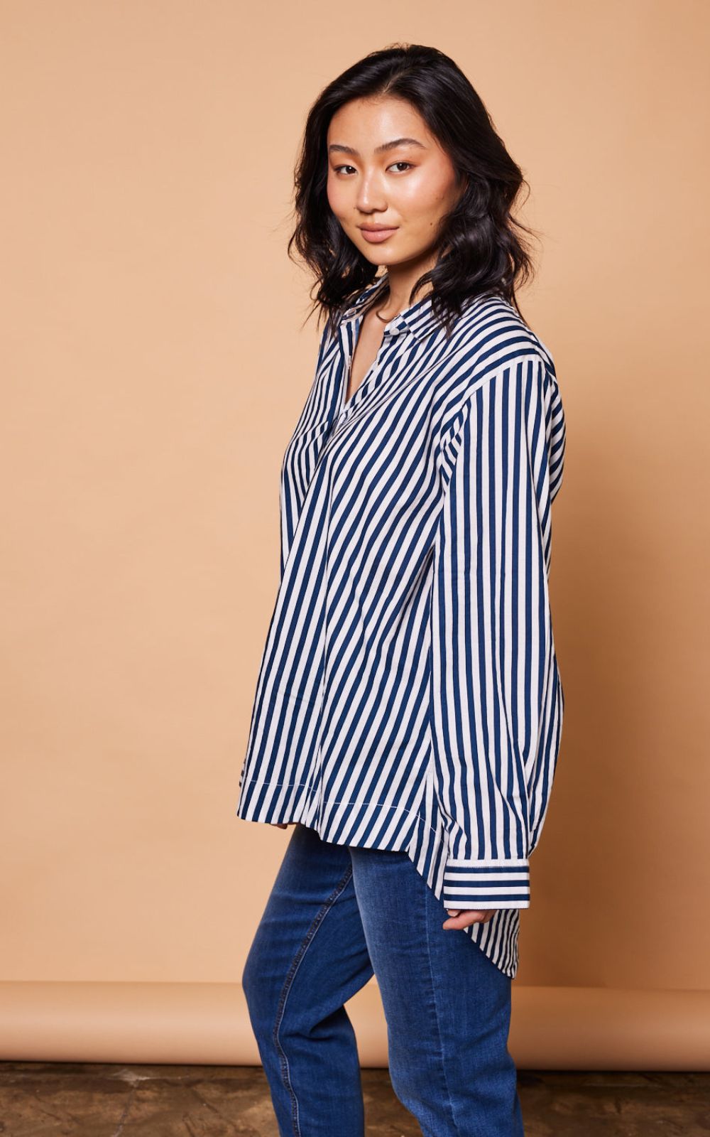 Oversized Stripe Boyfriend Shirt product photo.