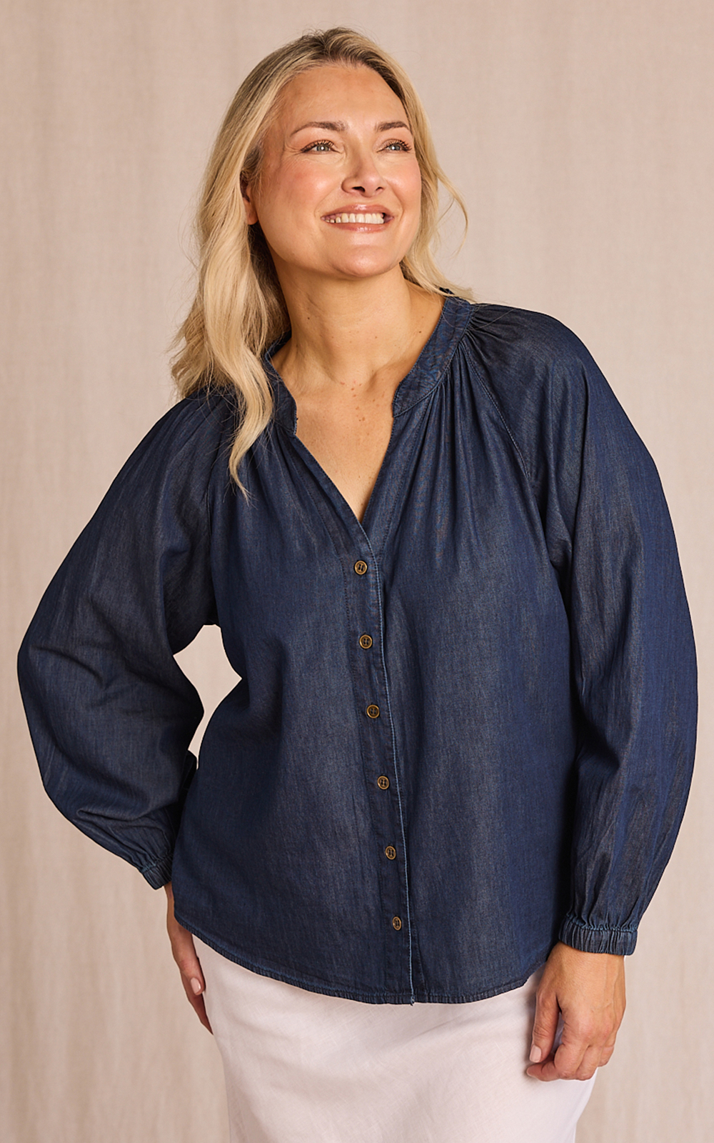 Kitty Chambray Top In Dark Wash product photo.