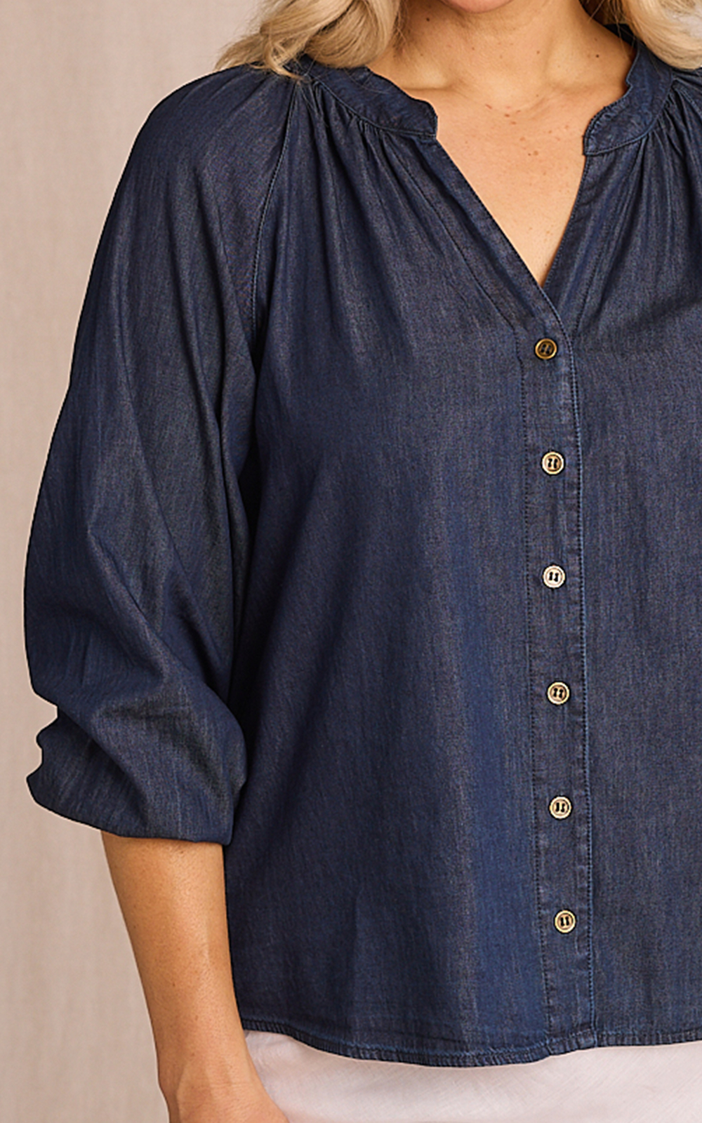 Kitty Chambray Top In Dark Wash product photo.