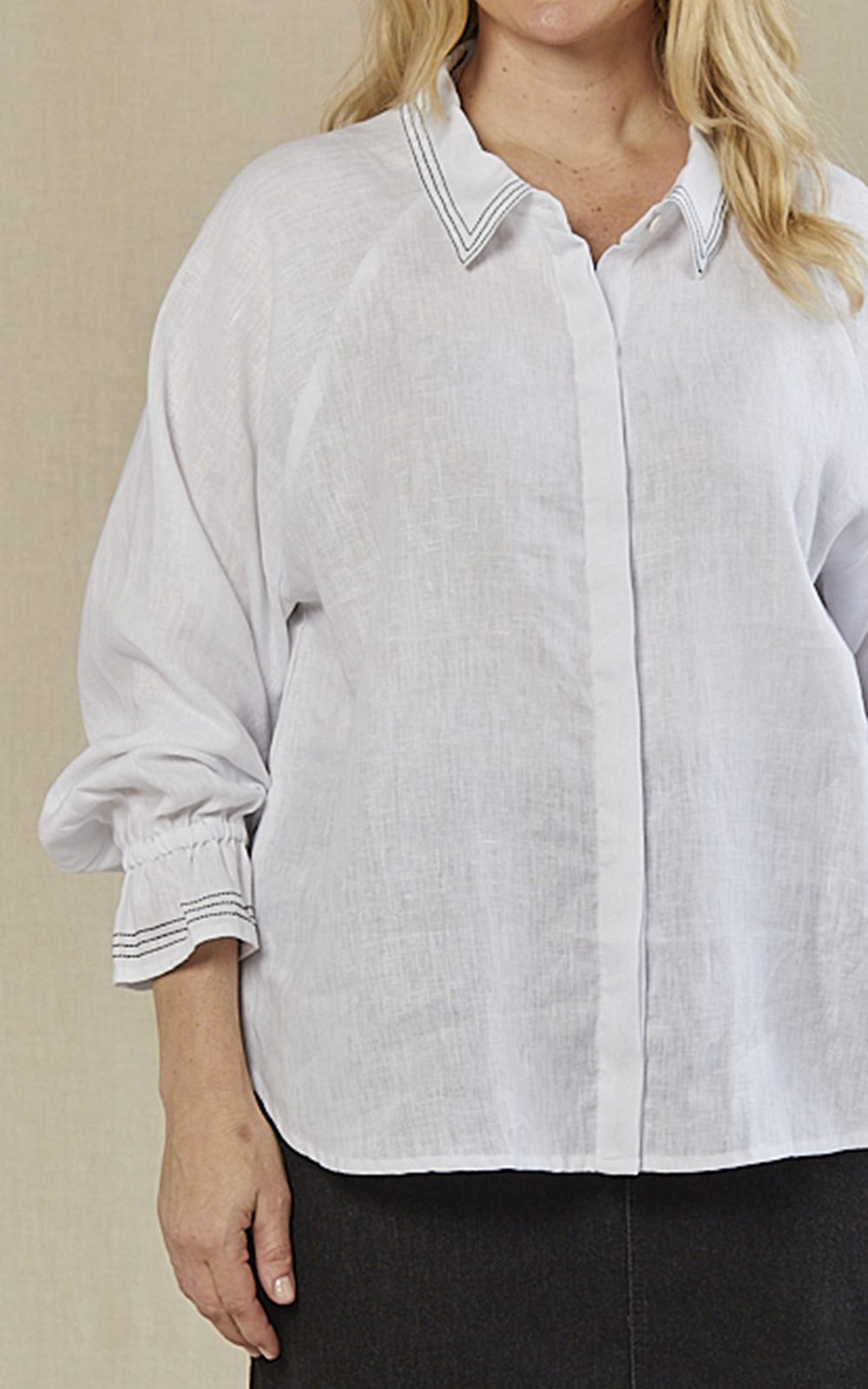 Ebony Frill Cuff Linen Blouse product photo.