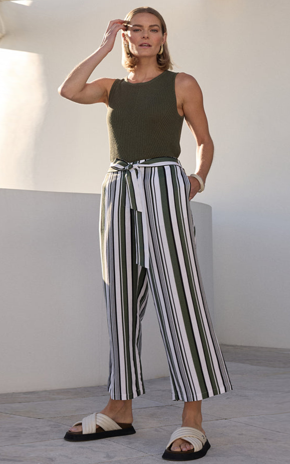 3/4 Olive Stripe Pant product photo.