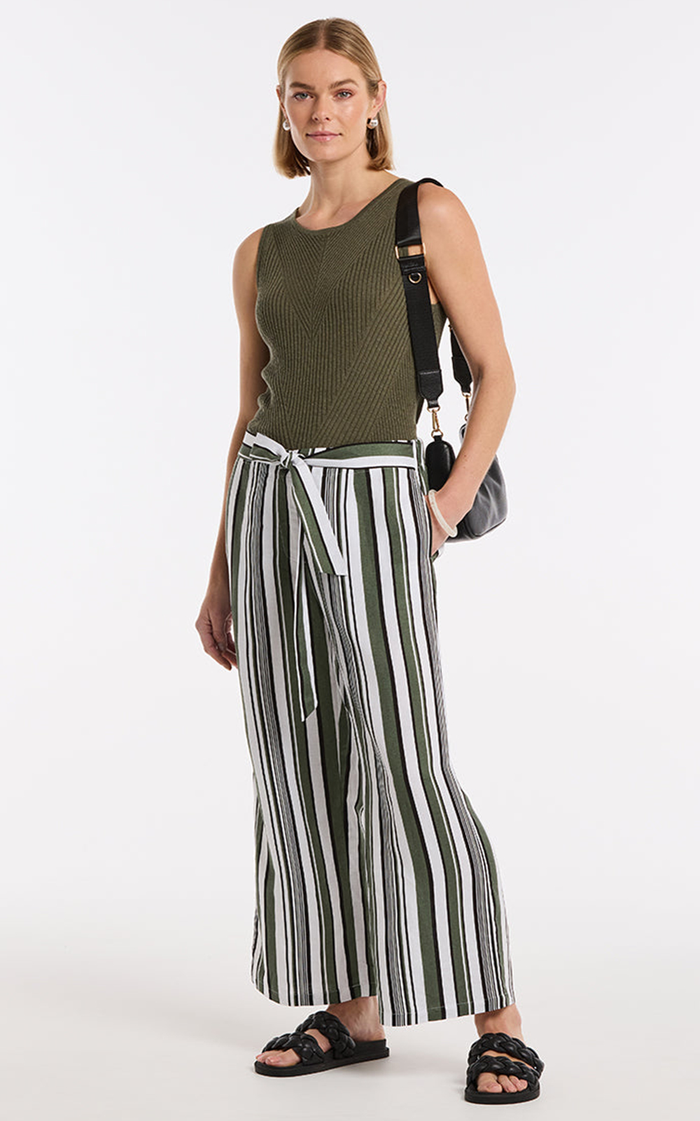 3/4 Olive Stripe Pant product photo.