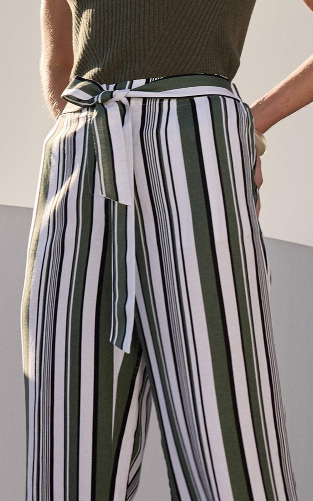 3/4 Olive Stripe Pant product photo.