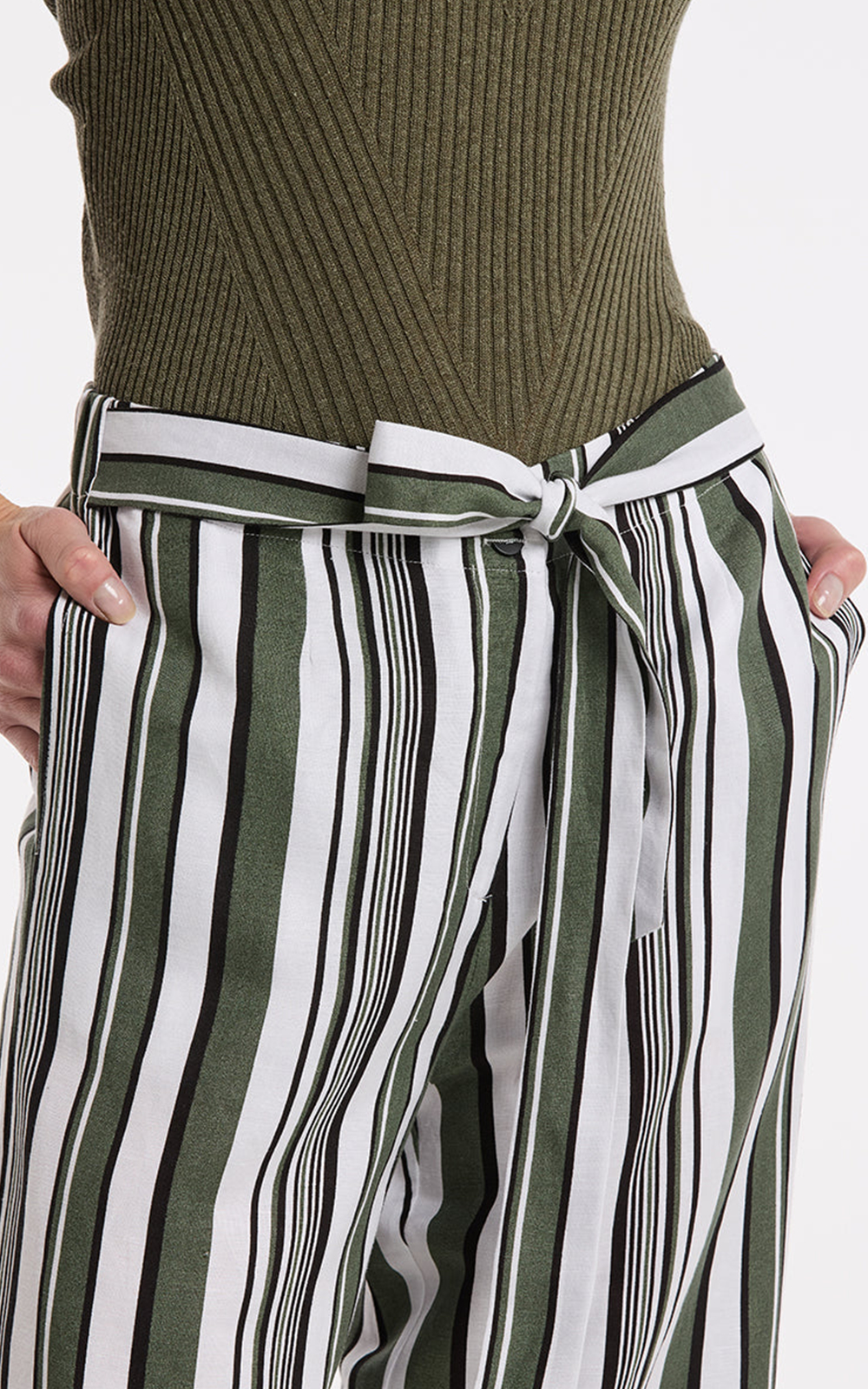 3/4 Olive Stripe Pant product photo.