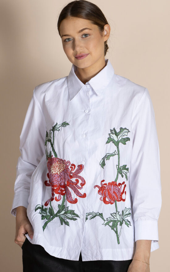 Chrysanthemum Emboidered Trapeze Shirt product photo.