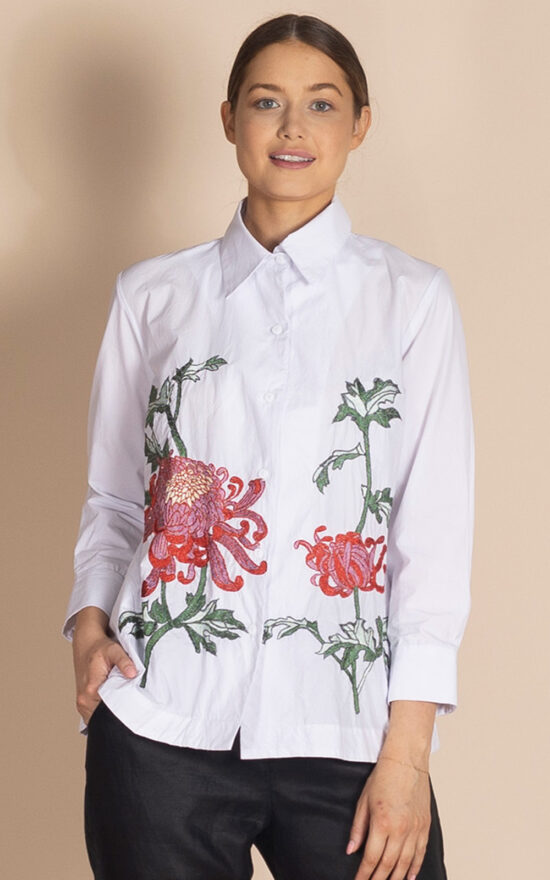 Chrysanthemum Emboidered Trapeze Shirt product photo.