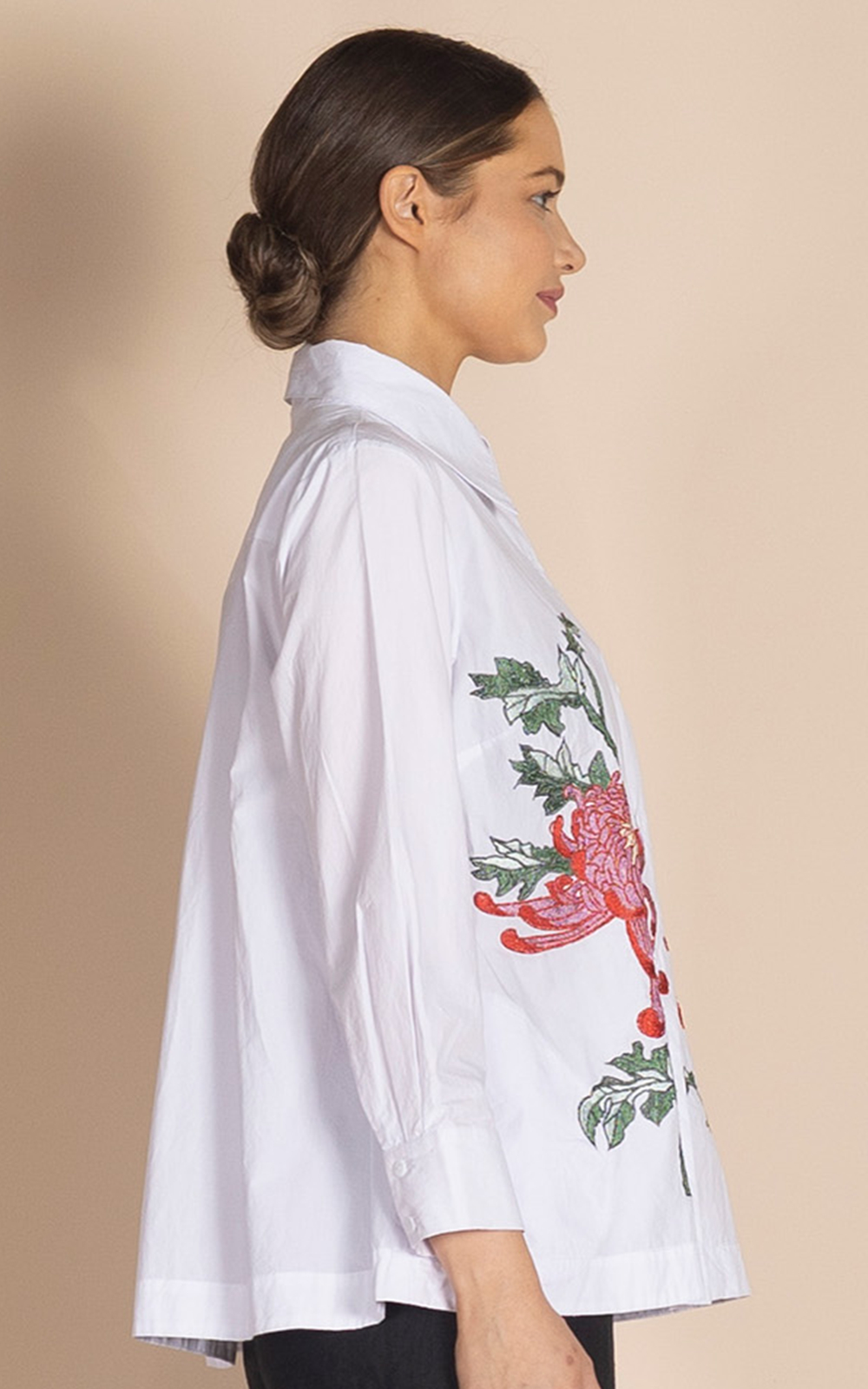 Chrysanthemum Emboidered Trapeze Shirt product photo.